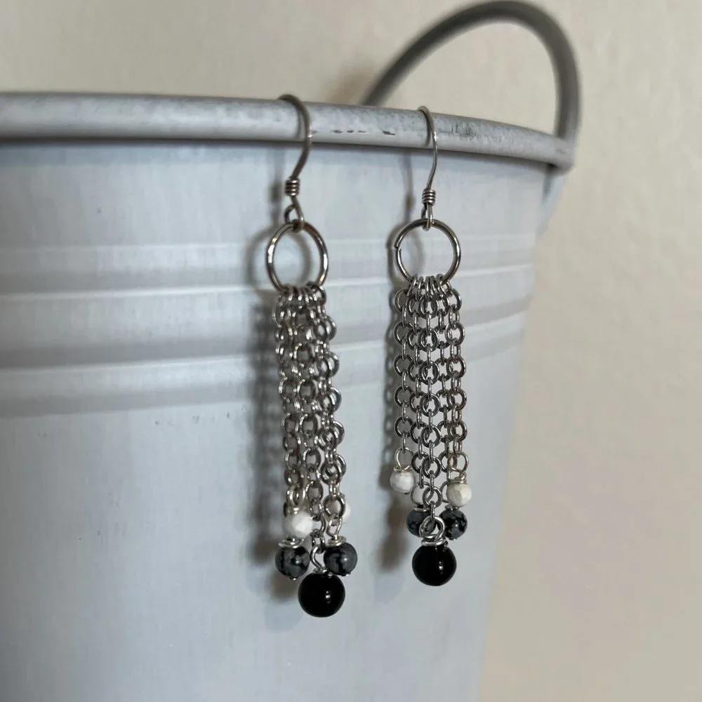 Black Obsidian and Howlite with Silver Chain Genuine Gemstone Earrings, Handmade - Picture 1 of 5